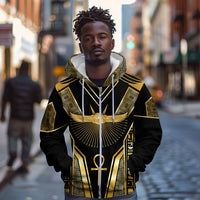 Egypt Winged Sun Zip Hoodie Ancient Mythology Golden Ankh