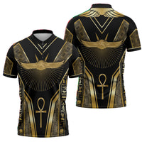 Egypt Winged Sun Zipper Polo Shirt Ancient Mythology Golden Ankh
