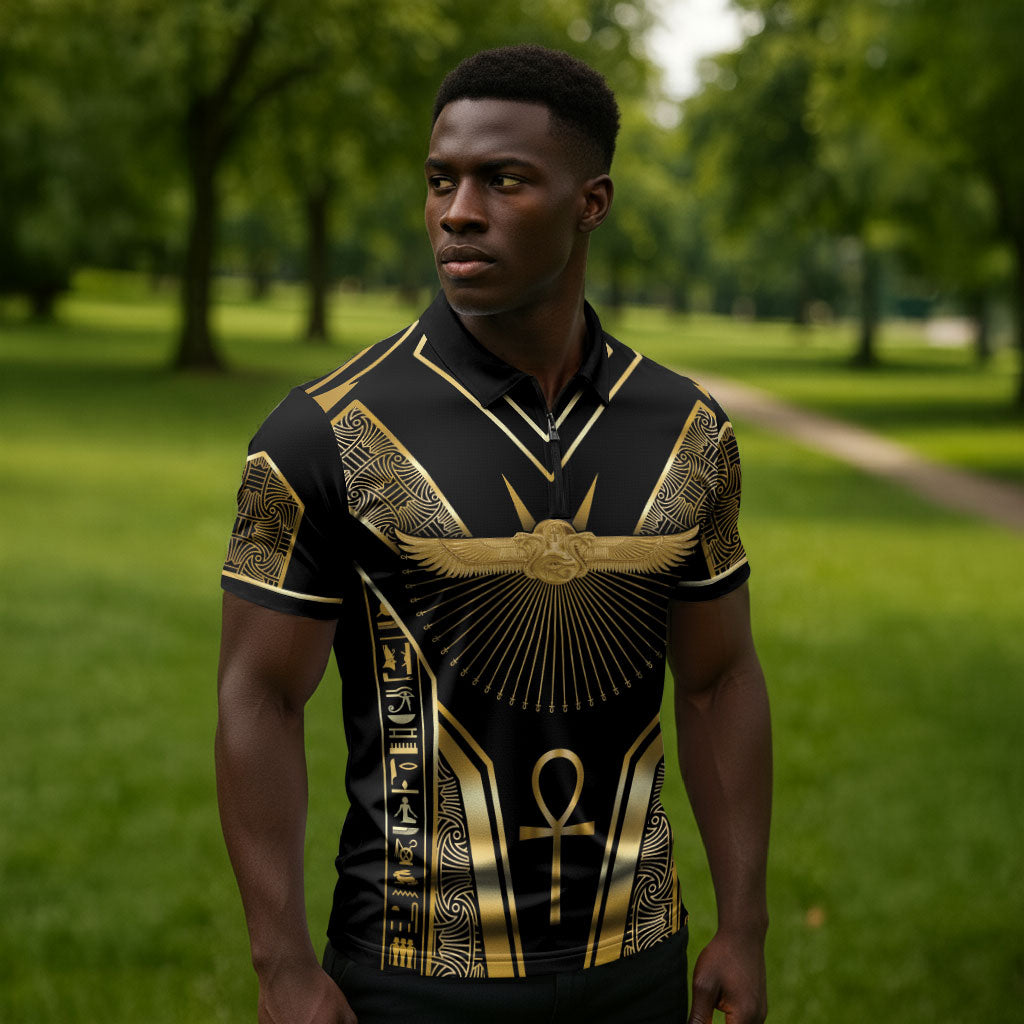 Egypt Winged Sun Zipper Polo Shirt Ancient Mythology Golden Ankh
