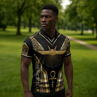 Egypt Winged Sun Zipper Polo Shirt Ancient Mythology Golden Ankh