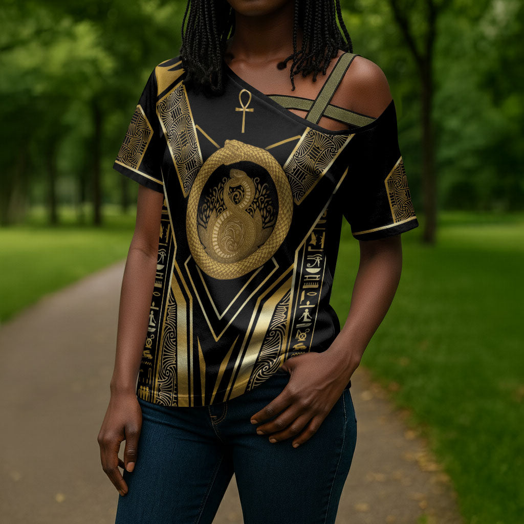 Egypt Ouroboros Cross Shoulder Shirt Ancient Mythology Infinity Serpent Gold