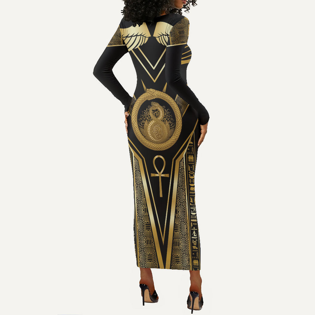 Egypt Ouroboros Long Sleeve Bodycon Dress Ancient Mythology Infinity Serpent Gold