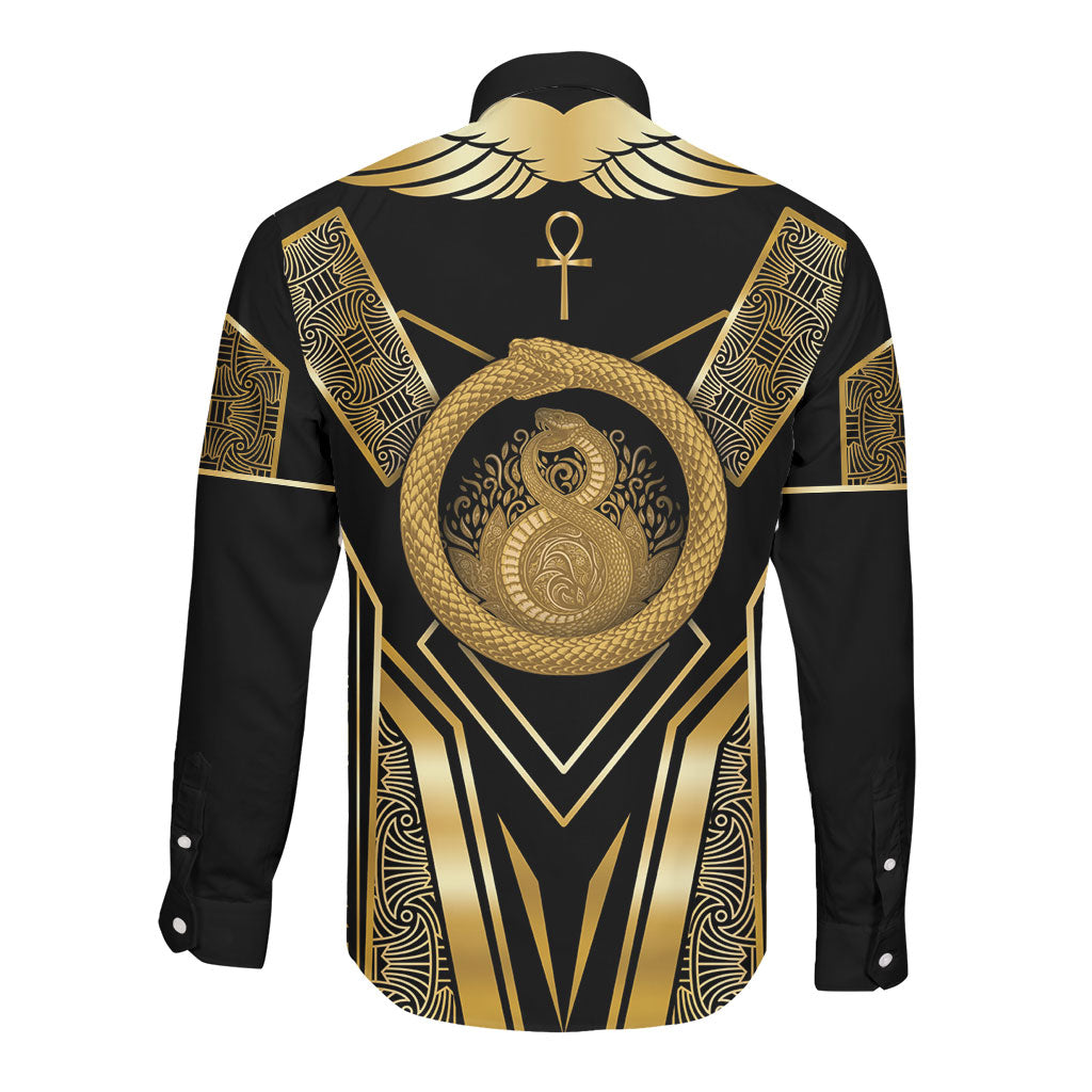 Egypt Ouroboros Long Sleeve Button Shirt Ancient Mythology Infinity Serpent Gold