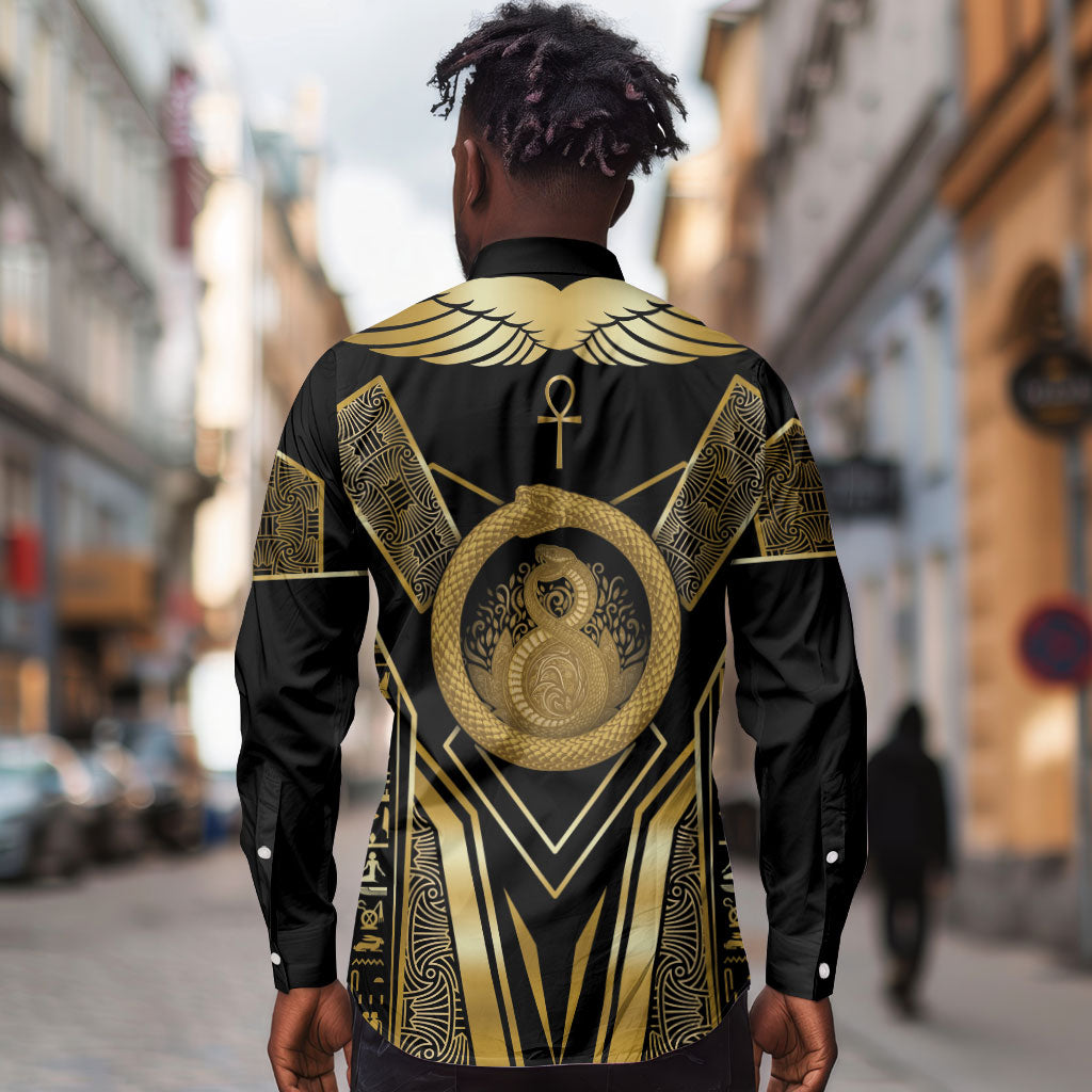 Egypt Ouroboros Long Sleeve Button Shirt Ancient Mythology Infinity Serpent Gold