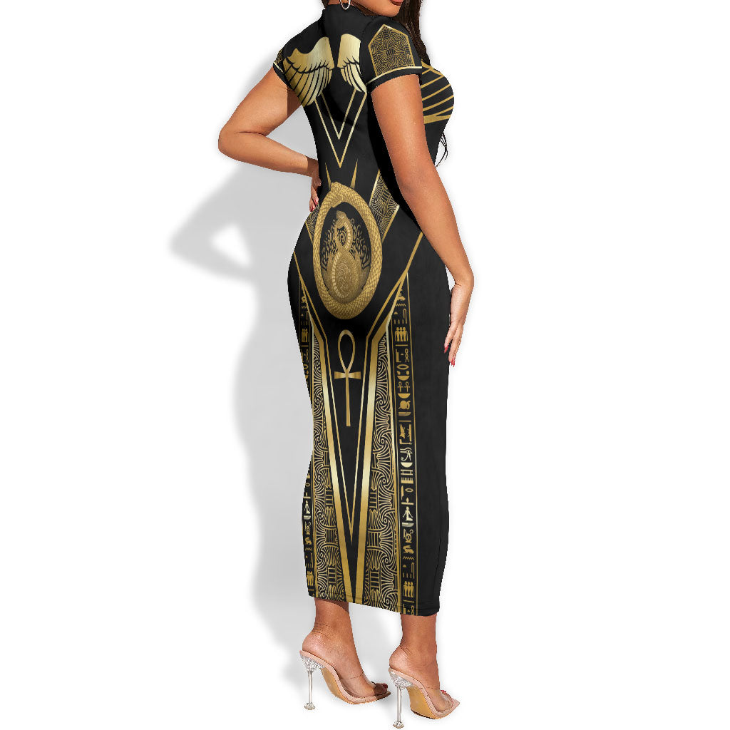 Egypt Ouroboros Short Sleeve Bodycon Dress Ancient Mythology Infinity Serpent Gold