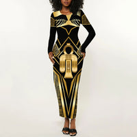 Egypt Tyet Long Sleeve Bodycon Dress Ancient Mythology Knot Of Isis Gold
