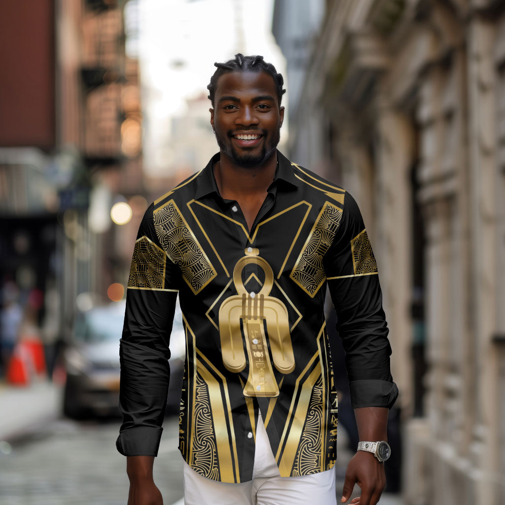 Egypt Tyet Long Sleeve Button Shirt Ancient Mythology Knot Of Isis Gold