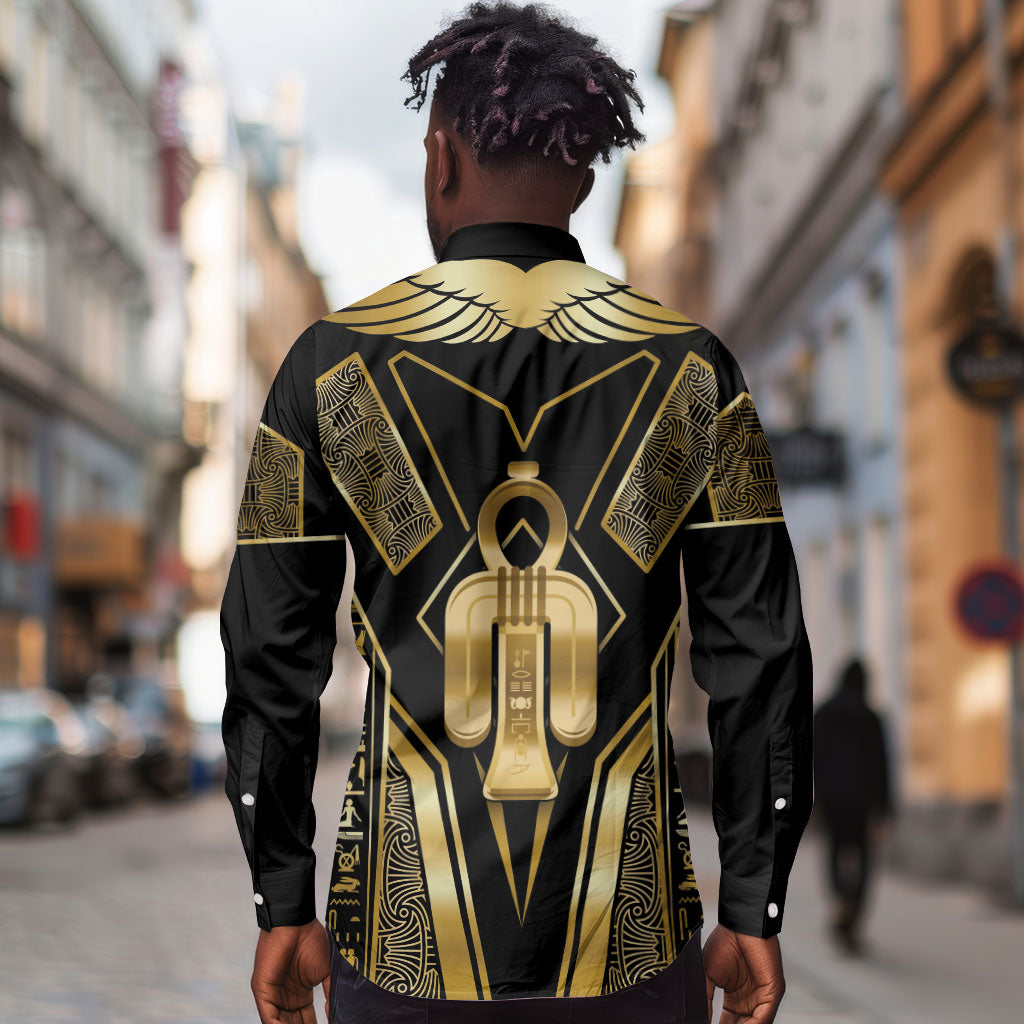 Egypt Tyet Long Sleeve Button Shirt Ancient Mythology Knot Of Isis Gold