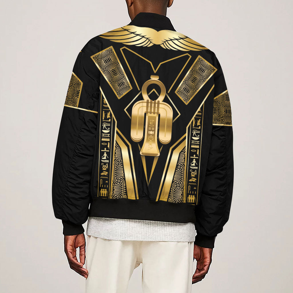 Egypt Tyet Sleeve Zip Bomber Jacket Ancient Mythology Knot Of Isis Gold