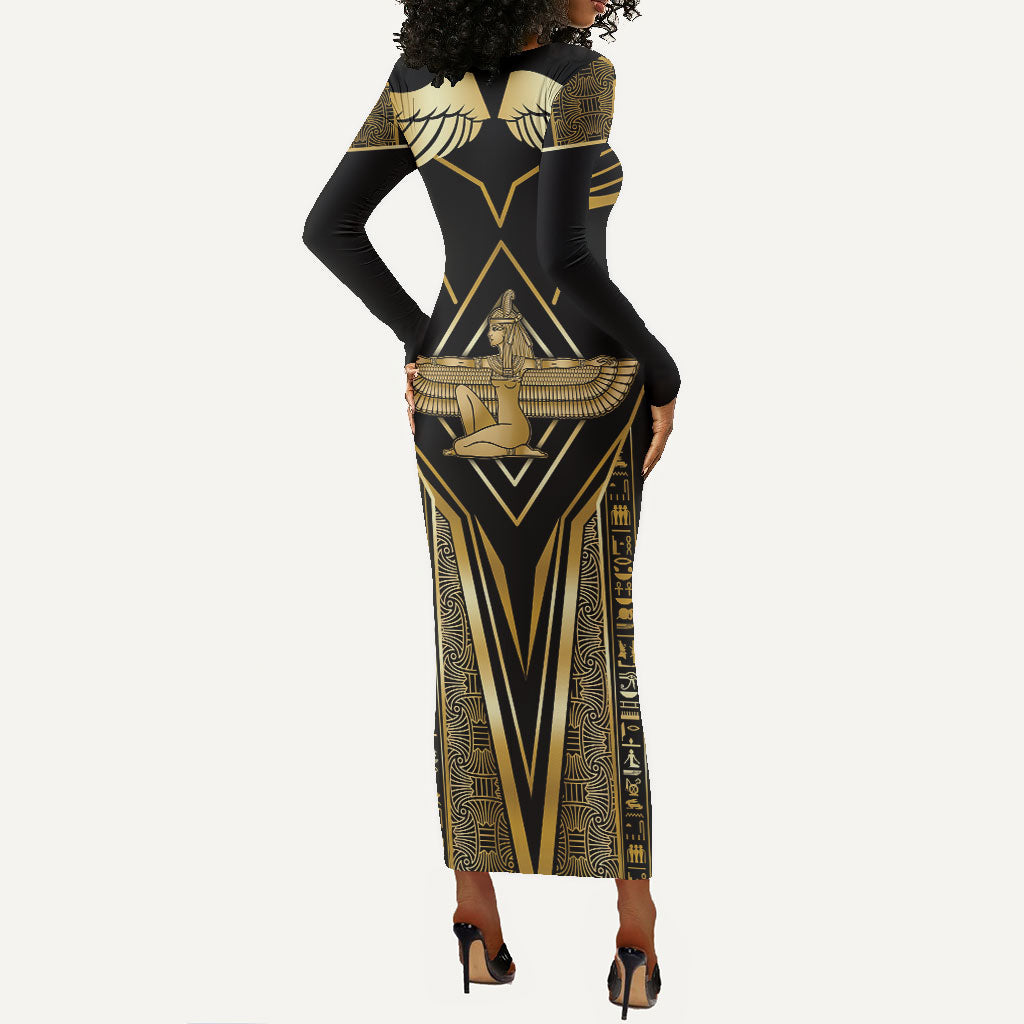 Egypt Feather Of Maat Long Sleeve Bodycon Dress Ancient Mythology Truth And Justice