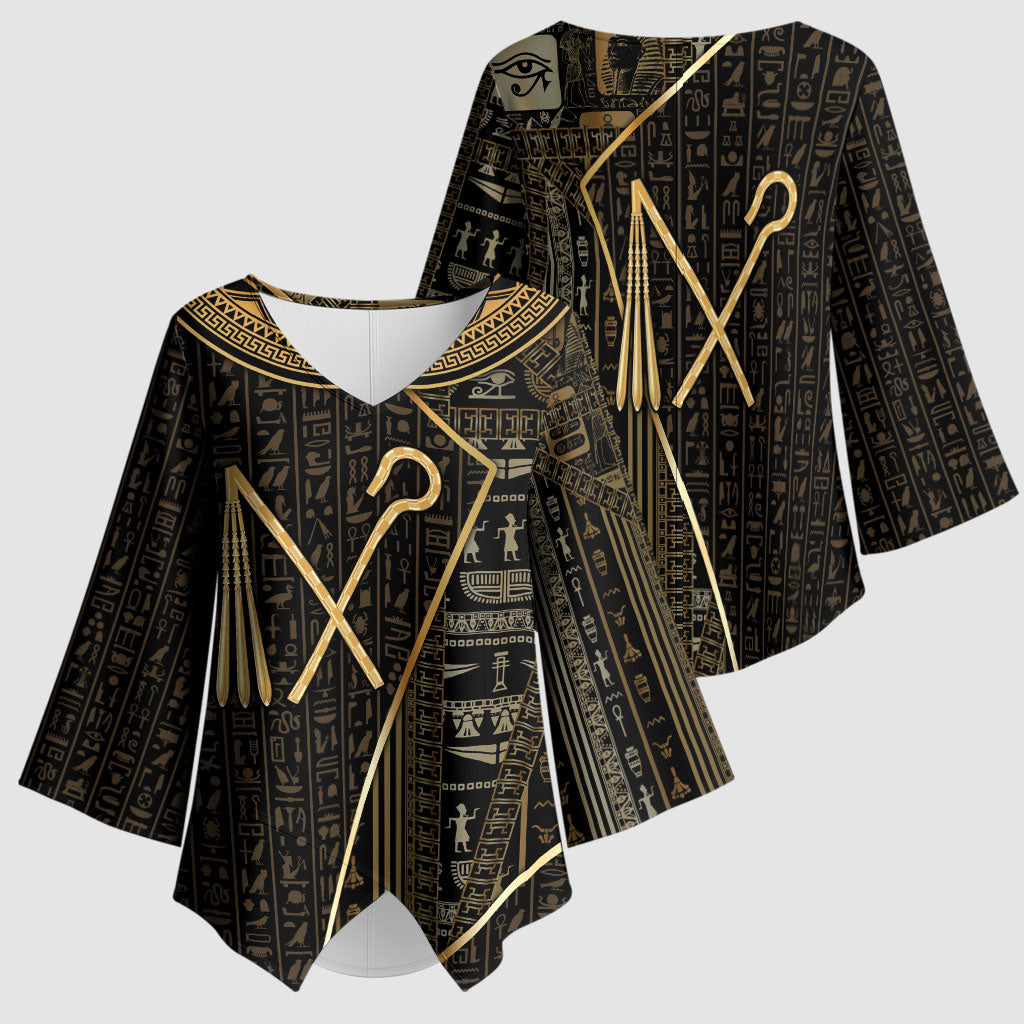 Egypt Crook And Flail Kimono Sleeve Blouse Ancient Mythology Pharaoh Royalty Gold
