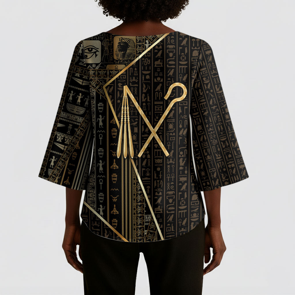 Egypt Crook And Flail Kimono Sleeve Blouse Ancient Mythology Pharaoh Royalty Gold