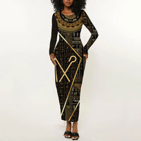 Egypt Crook And Flail Long Sleeve Bodycon Dress Ancient Mythology Pharaoh Royalty Gold