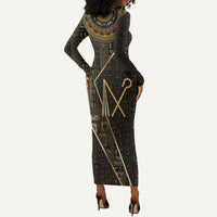 Egypt Crook And Flail Long Sleeve Bodycon Dress Ancient Mythology Pharaoh Royalty Gold