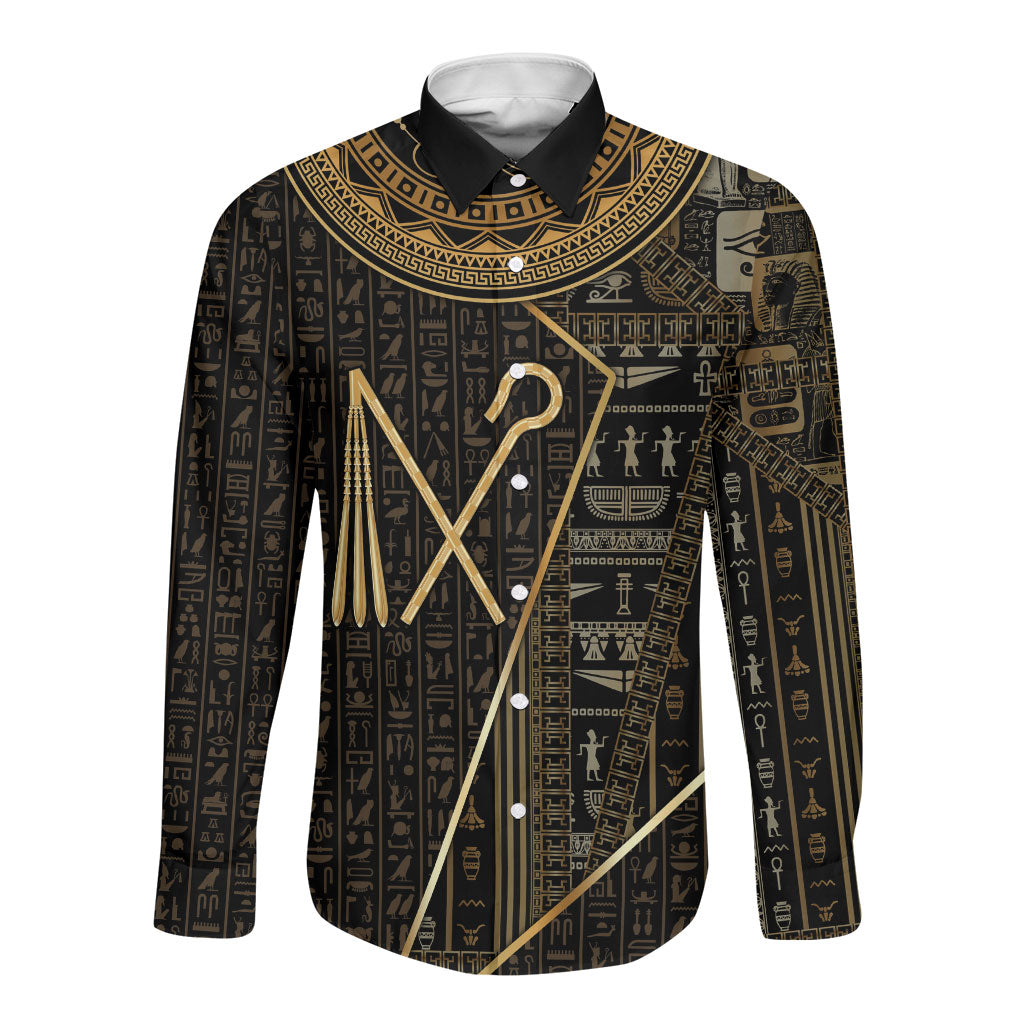 Egypt Crook And Flail Long Sleeve Button Shirt Ancient Mythology Pharaoh Royalty Gold