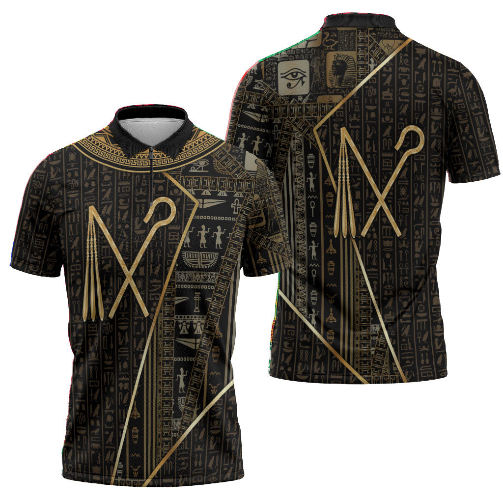 Egypt Crook And Flail Zipper Polo Shirt Ancient Mythology Pharaoh Royalty Gold