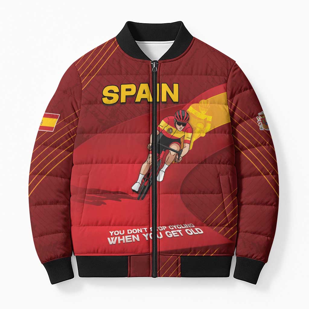 Personalized Spain Cycling Bomber Puffer Jacket You Don't Stop Cycling When You Get Old - Wonder Print Shop