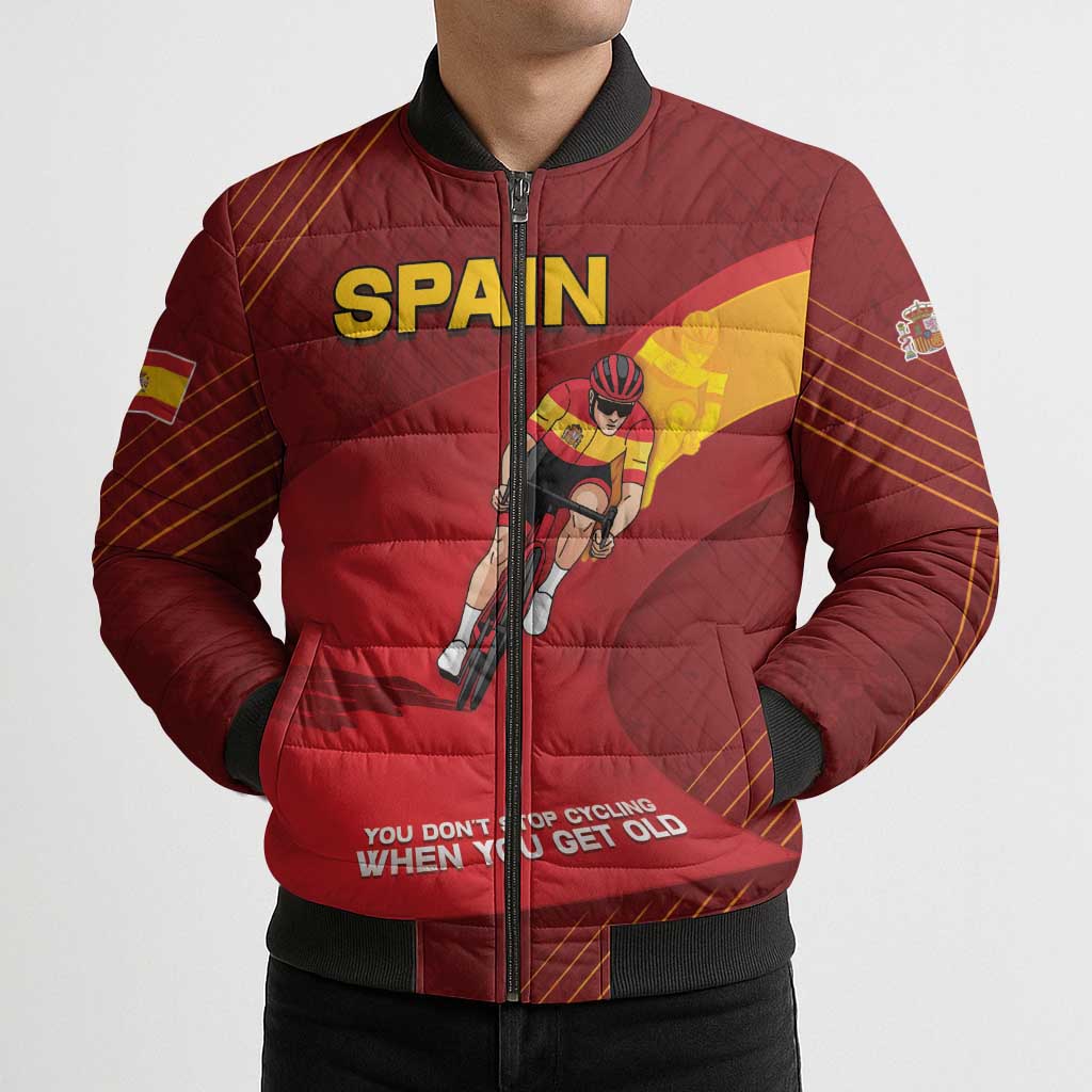 Personalized Spain Cycling Bomber Puffer Jacket You Don't Stop Cycling When You Get Old - Wonder Print Shop
