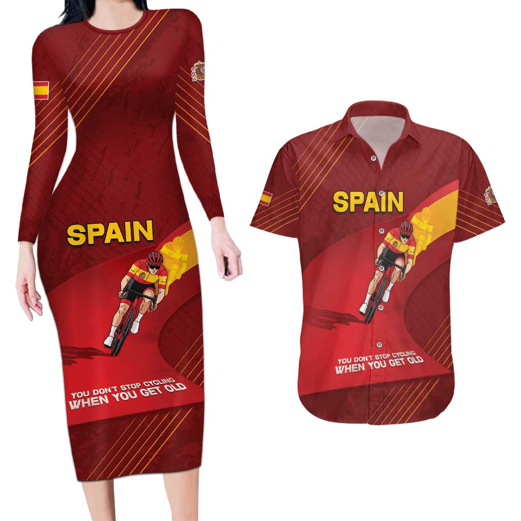 Personalized Spain Cycling Couples Matching Long Sleeve Bodycon Dress and Hawaiian Shirt You Don't Stop Cycling When You Get Old - Wonder Print Shop