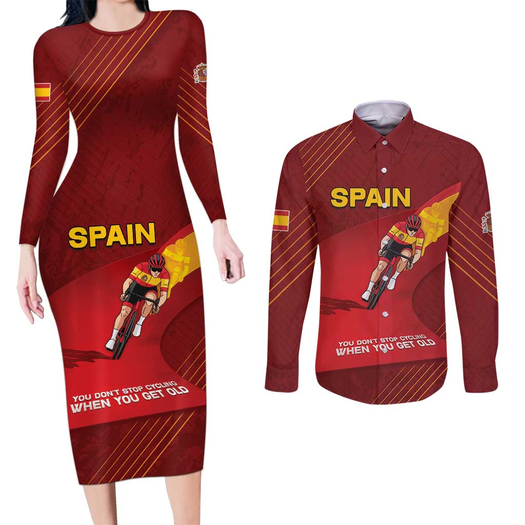 Personalized Spain Cycling Couples Matching Long Sleeve Bodycon Dress and Long Sleeve Button Shirt You Don't Stop Cycling When You Get Old - Wonder Print Shop