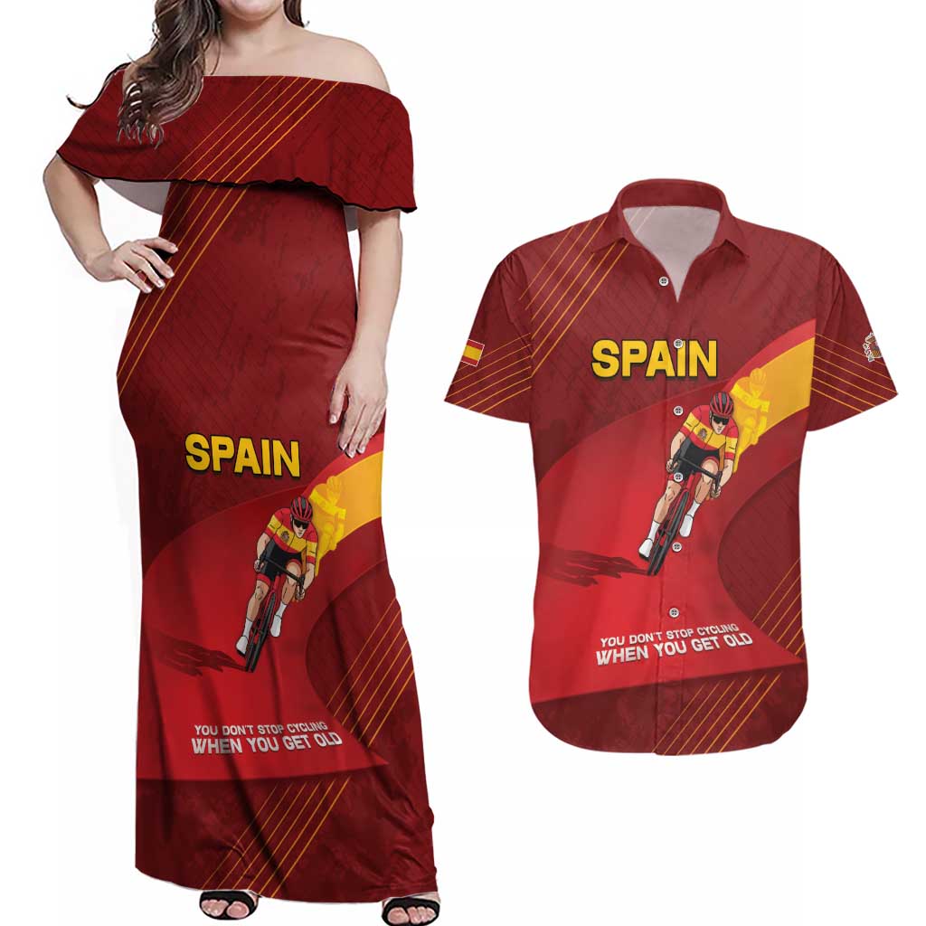 Personalized Spain Cycling Couples Matching Off Shoulder Maxi Dress and Hawaiian Shirt You Don't Stop Cycling When You Get Old - Wonder Print Shop