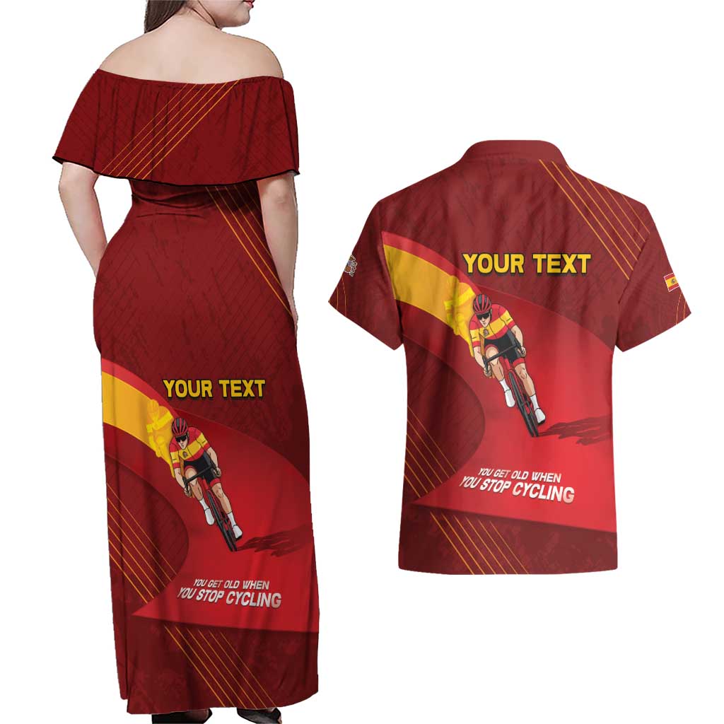 Personalized Spain Cycling Couples Matching Off Shoulder Maxi Dress and Hawaiian Shirt You Don't Stop Cycling When You Get Old - Wonder Print Shop