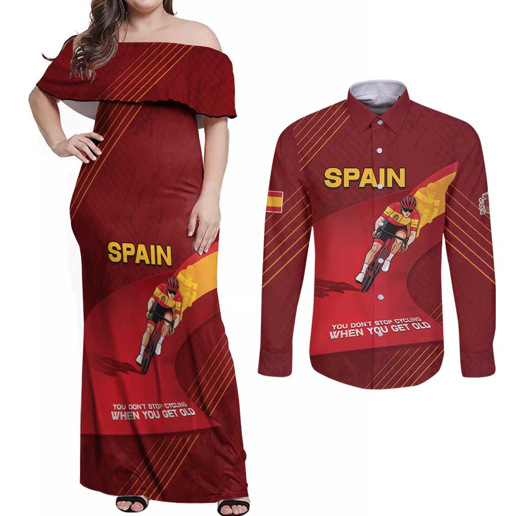 Personalized Spain Cycling Couples Matching Off Shoulder Maxi Dress and Long Sleeve Button Shirt You Don't Stop Cycling When You Get Old - Wonder Print Shop