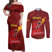 Personalized Spain Cycling Couples Matching Off Shoulder Maxi Dress and Long Sleeve Button Shirt You Don't Stop Cycling When You Get Old - Wonder Print Shop