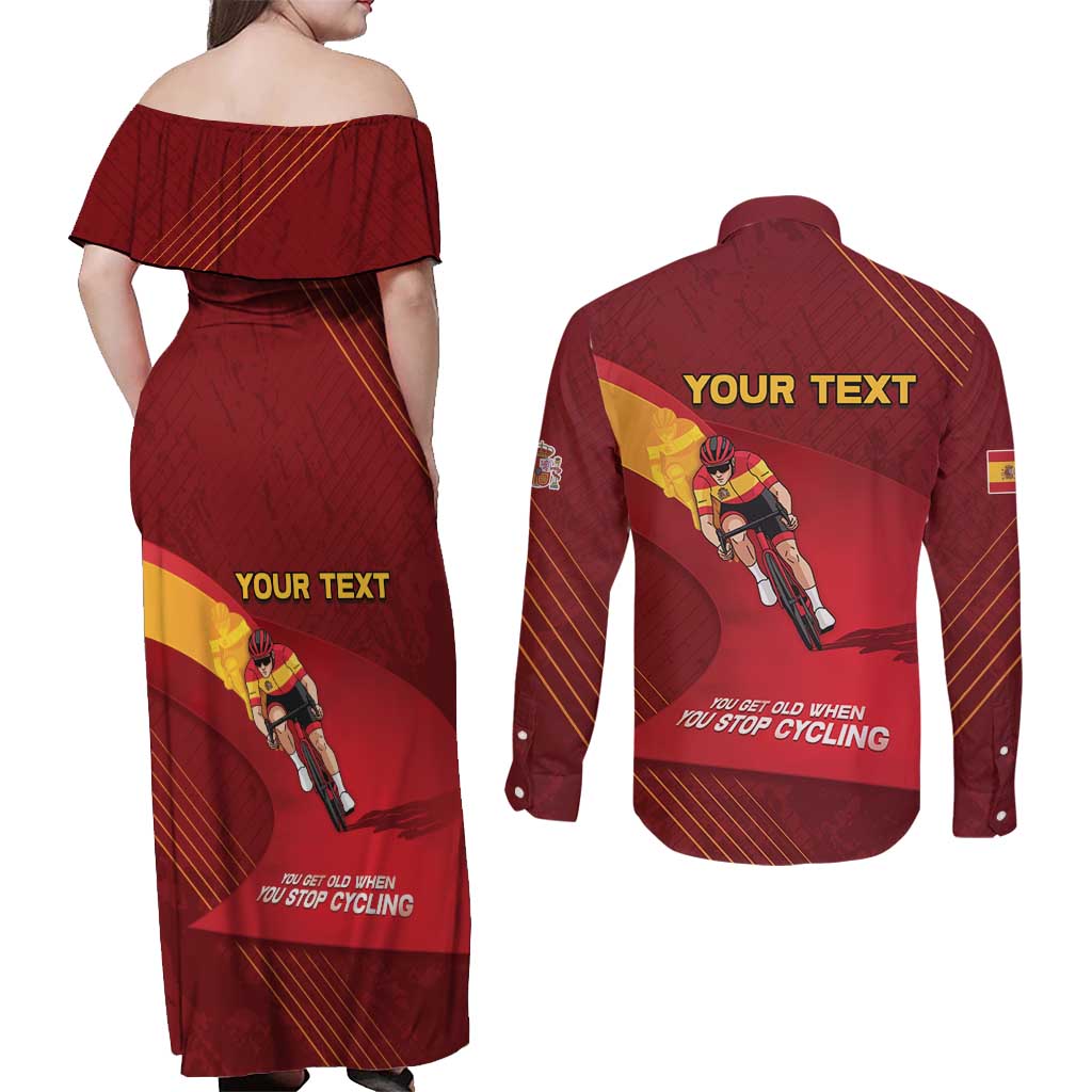 Personalized Spain Cycling Couples Matching Off Shoulder Maxi Dress and Long Sleeve Button Shirt You Don't Stop Cycling When You Get Old - Wonder Print Shop