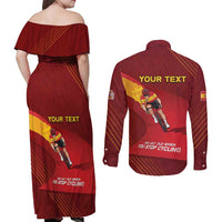 Personalized Spain Cycling Couples Matching Off Shoulder Maxi Dress and Long Sleeve Button Shirt You Don't Stop Cycling When You Get Old - Wonder Print Shop