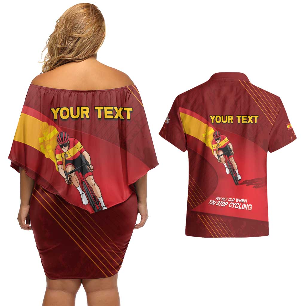 Personalized Spain Cycling Couples Matching Off Shoulder Short Dress and Hawaiian Shirt You Don't Stop Cycling When You Get Old - Wonder Print Shop