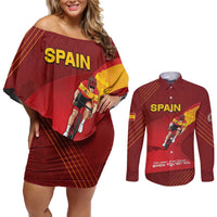 Personalized Spain Cycling Couples Matching Off Shoulder Short Dress and Long Sleeve Button Shirt You Don't Stop Cycling When You Get Old - Wonder Print Shop