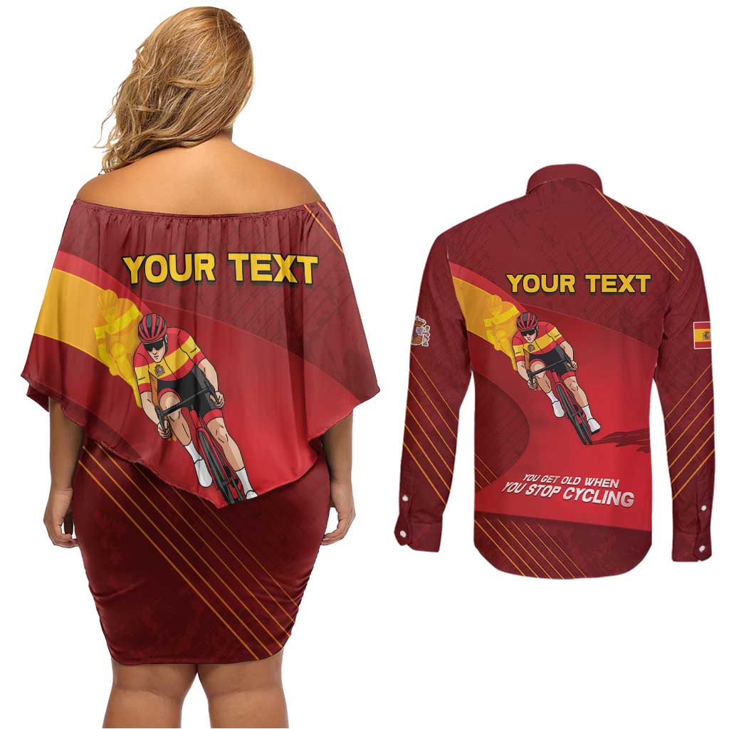 Personalized Spain Cycling Couples Matching Off Shoulder Short Dress and Long Sleeve Button Shirt You Don't Stop Cycling When You Get Old - Wonder Print Shop