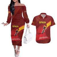 Personalized Spain Cycling Couples Matching Off The Shoulder Long Sleeve Dress and Hawaiian Shirt You Don't Stop Cycling When You Get Old - Wonder Print Shop