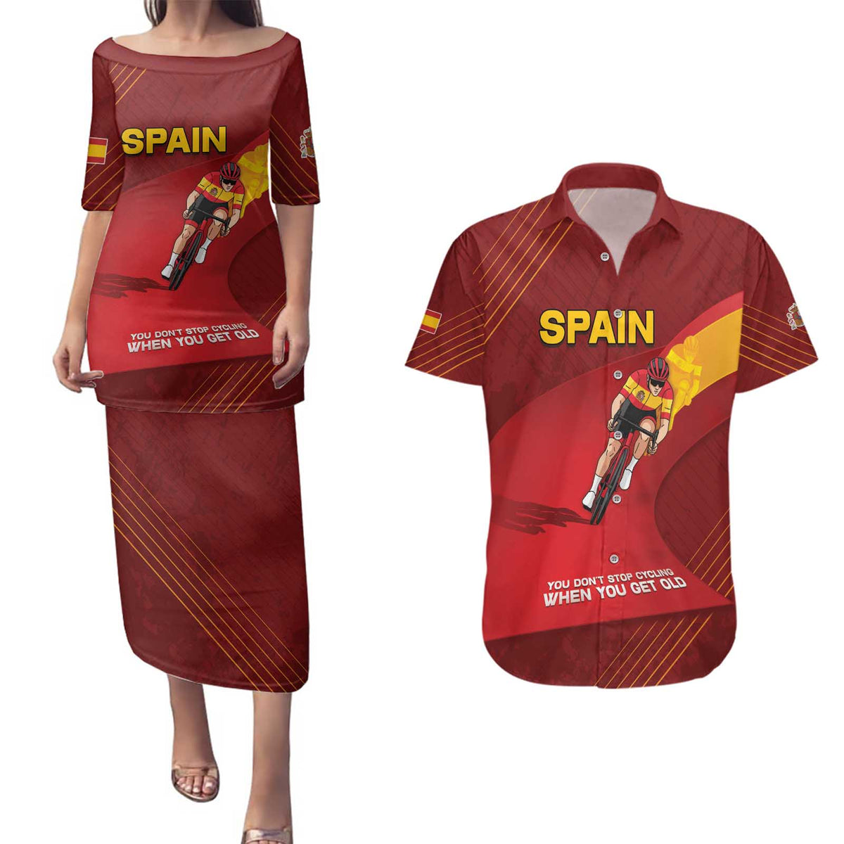 Personalized Spain Cycling Couples Matching Puletasi and Hawaiian Shirt You Don't Stop Cycling When You Get Old - Wonder Print Shop