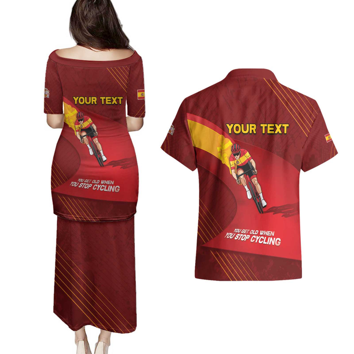 Personalized Spain Cycling Couples Matching Puletasi and Hawaiian Shirt You Don't Stop Cycling When You Get Old - Wonder Print Shop