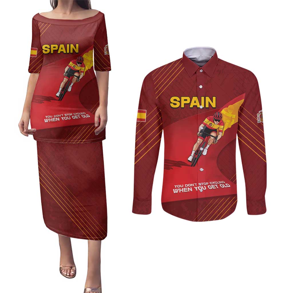 Personalized Spain Cycling Couples Matching Puletasi and Long Sleeve Button Shirt You Don't Stop Cycling When You Get Old - Wonder Print Shop