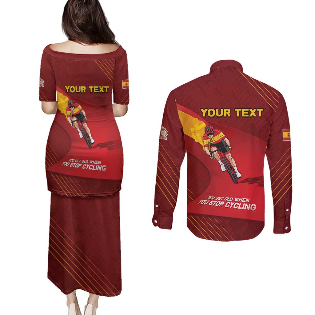 Personalized Spain Cycling Couples Matching Puletasi and Long Sleeve Button Shirt You Don't Stop Cycling When You Get Old - Wonder Print Shop