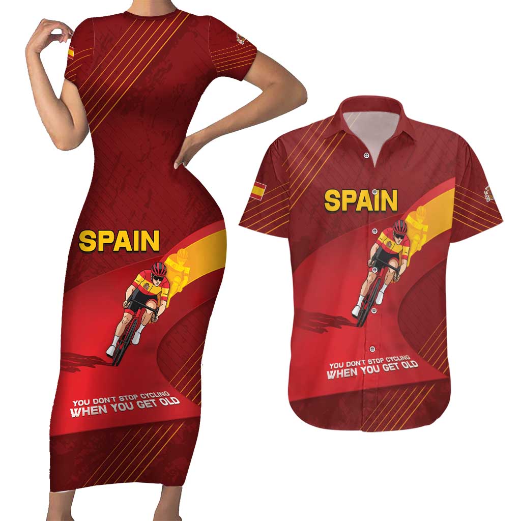 Personalized Spain Cycling Couples Matching Short Sleeve Bodycon Dress and Hawaiian Shirt You Don't Stop Cycling When You Get Old - Wonder Print Shop
