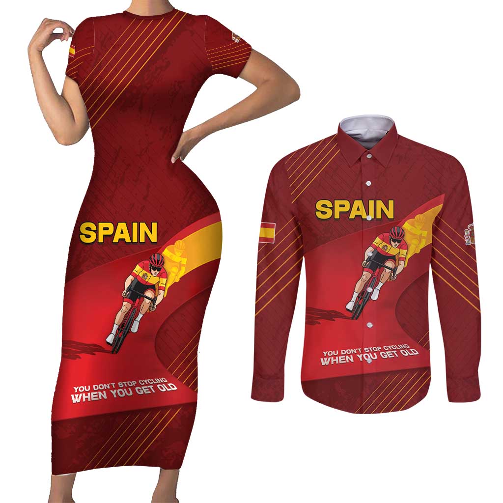 Personalized Spain Cycling Couples Matching Short Sleeve Bodycon Dress and Long Sleeve Button Shirt You Don't Stop Cycling When You Get Old - Wonder Print Shop