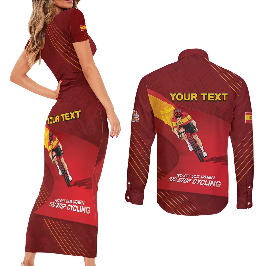 Personalized Spain Cycling Couples Matching Short Sleeve Bodycon Dress and Long Sleeve Button Shirt You Don't Stop Cycling When You Get Old - Wonder Print Shop