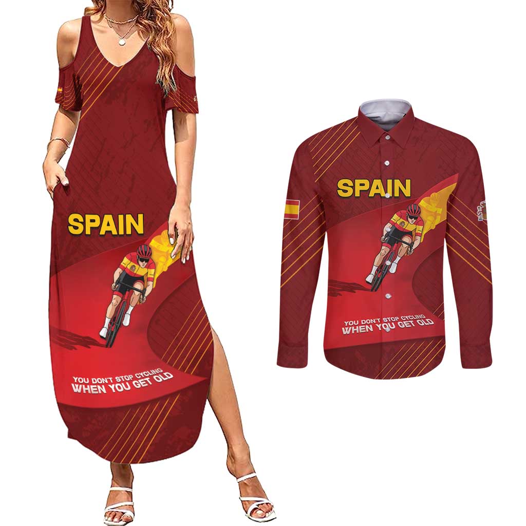 Personalized Spain Cycling Couples Matching Summer Maxi Dress and Long Sleeve Button Shirt You Don't Stop Cycling When You Get Old - Wonder Print Shop