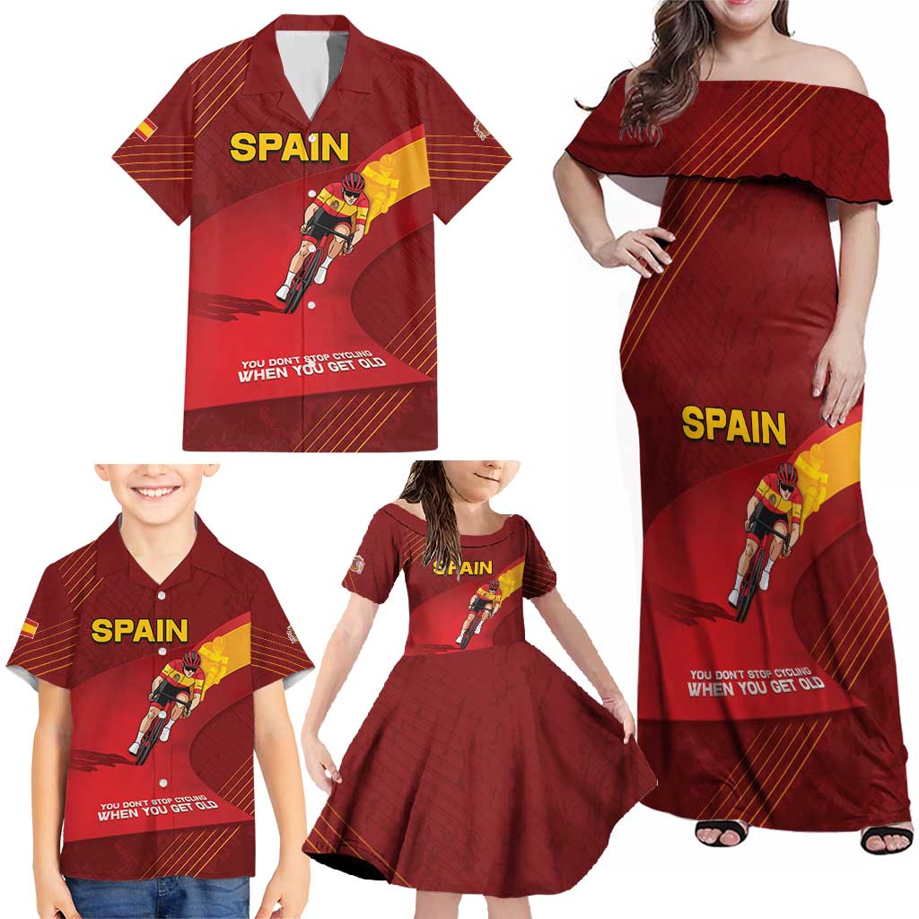 Personalized Spain Cycling Family Matching Off Shoulder Maxi Dress and Hawaiian Shirt You Don't Stop Cycling When You Get Old - Wonder Print Shop