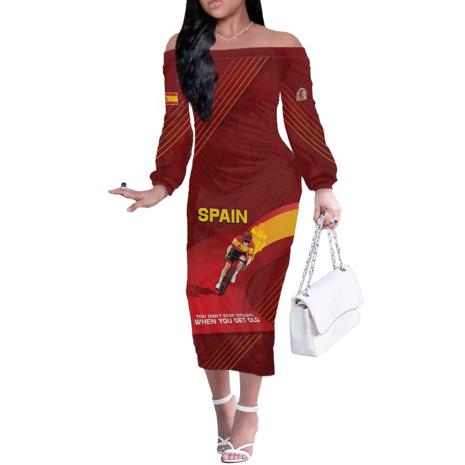 Personalized Spain Cycling Off The Shoulder Long Sleeve Dress You Don't Stop Cycling When You Get Old - Wonder Print Shop