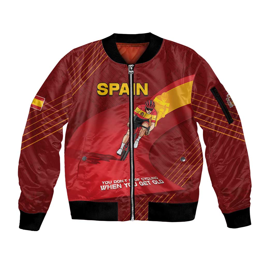 Personalized Spain Cycling Sleeve Zip Bomber Jacket You Don't Stop Cycling When You Get Old - Wonder Print Shop