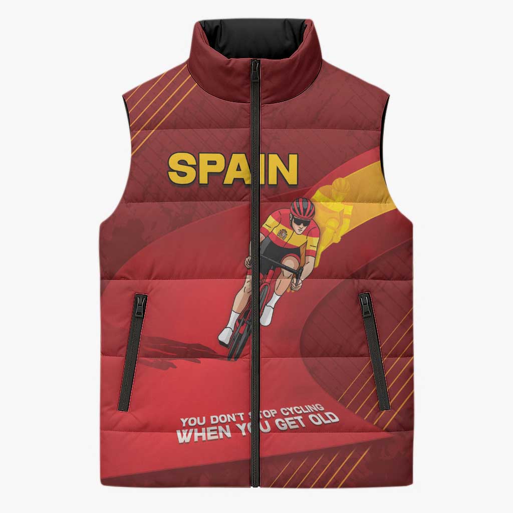 Personalized Spain Cycling Sleeveless Puffer Jacket You Don't Stop Cycling When You Get Old - Wonder Print Shop
