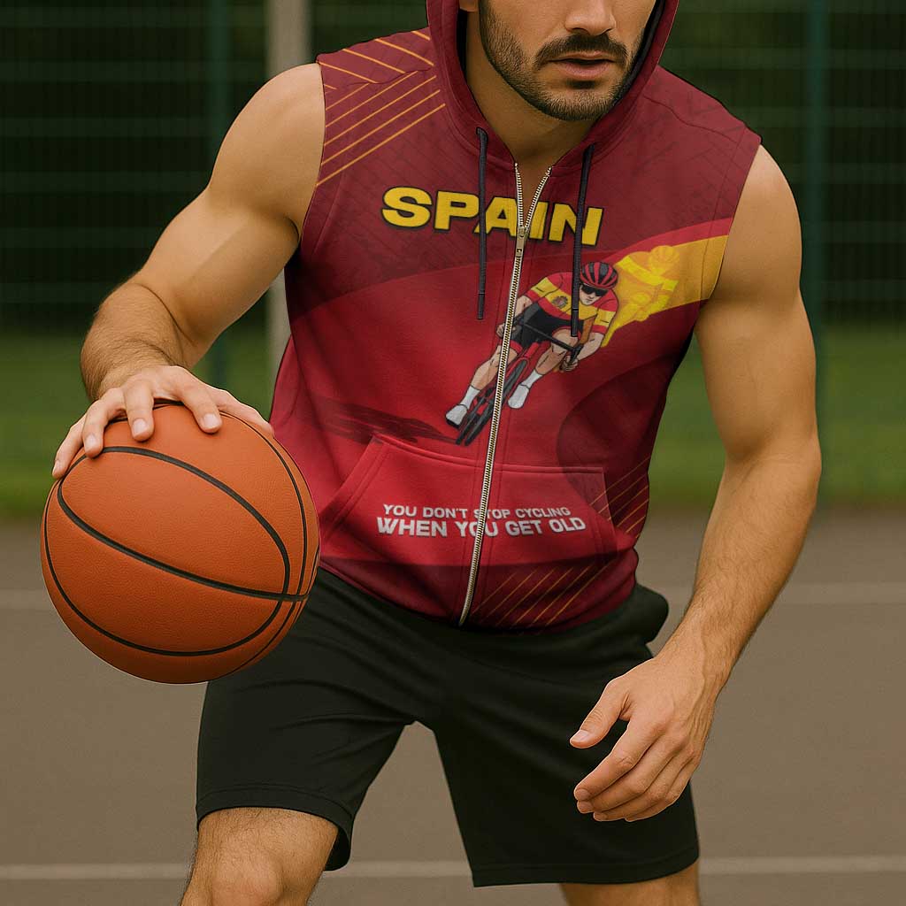 Personalized Spain Cycling Sleeveless Zip Hoodie You Don't Stop Cycling When You Get Old - Wonder Print Shop