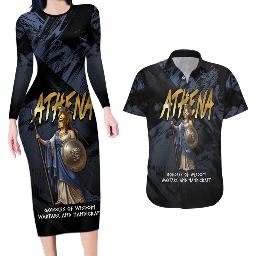 Ancient Greek Athena Couples Matching Long Sleeve Bodycon Dress and Hawaiian Shirt Goddess Of Wisdom - Wonder Print Shop
