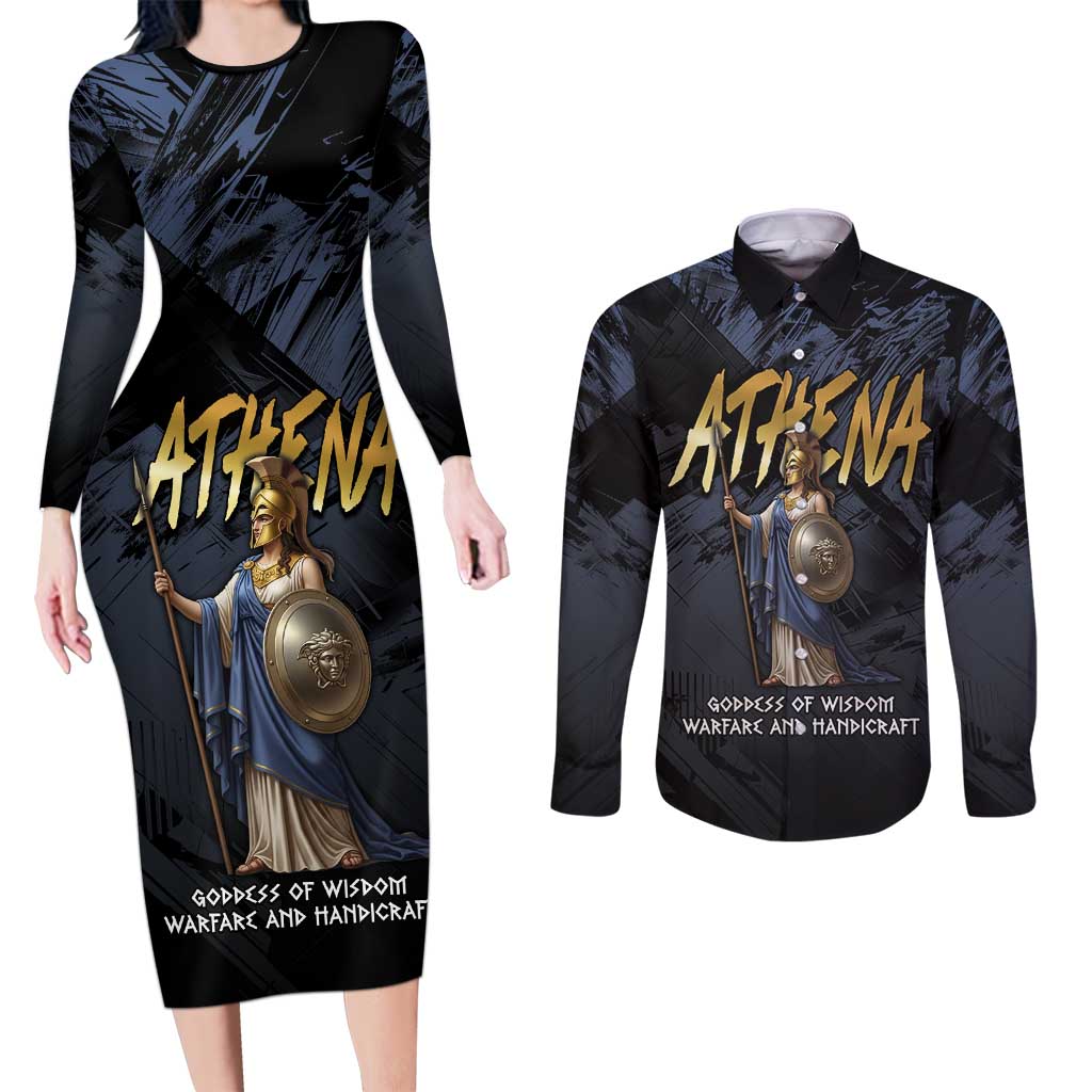 Ancient Greek Athena Couples Matching Long Sleeve Bodycon Dress and Long Sleeve Button Shirt Goddess Of Wisdom - Wonder Print Shop