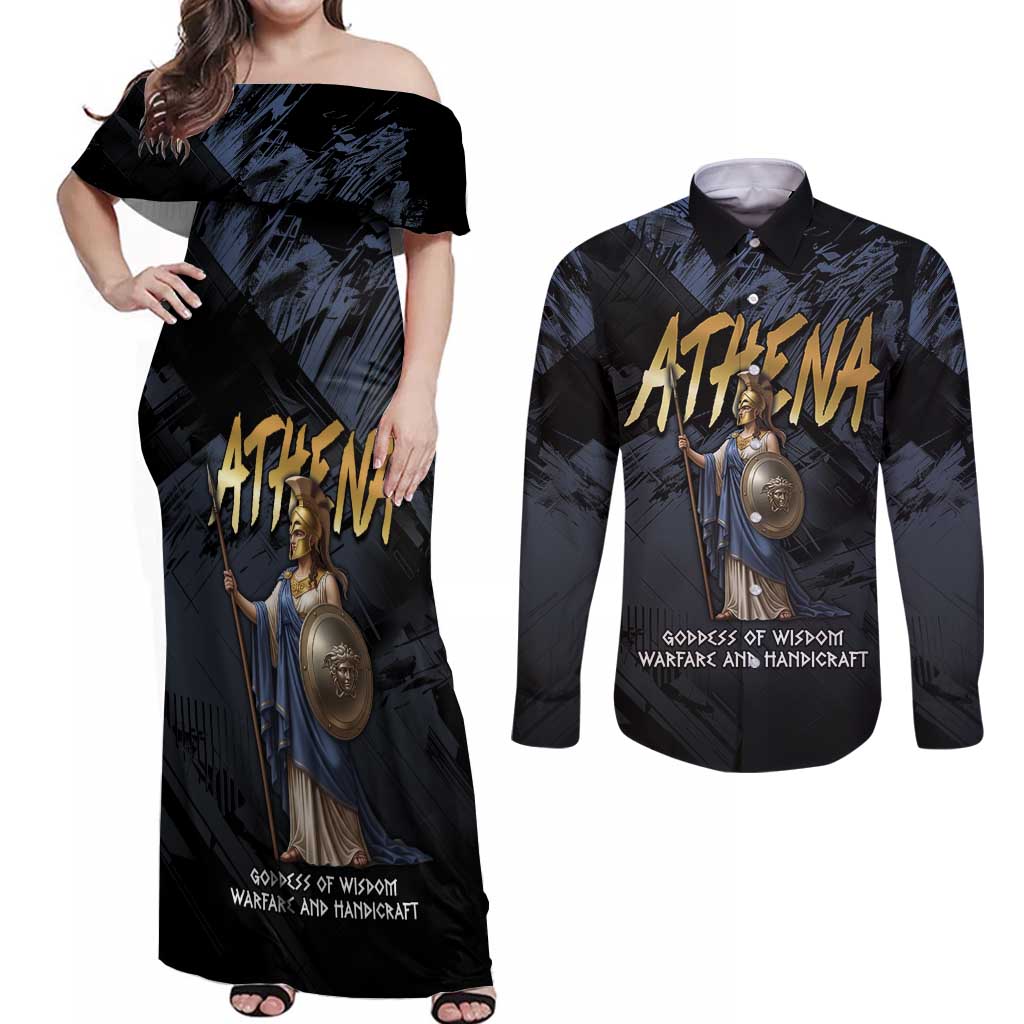 Ancient Greek Athena Couples Matching Off Shoulder Maxi Dress and Long Sleeve Button Shirt Goddess Of Wisdom - Wonder Print Shop
